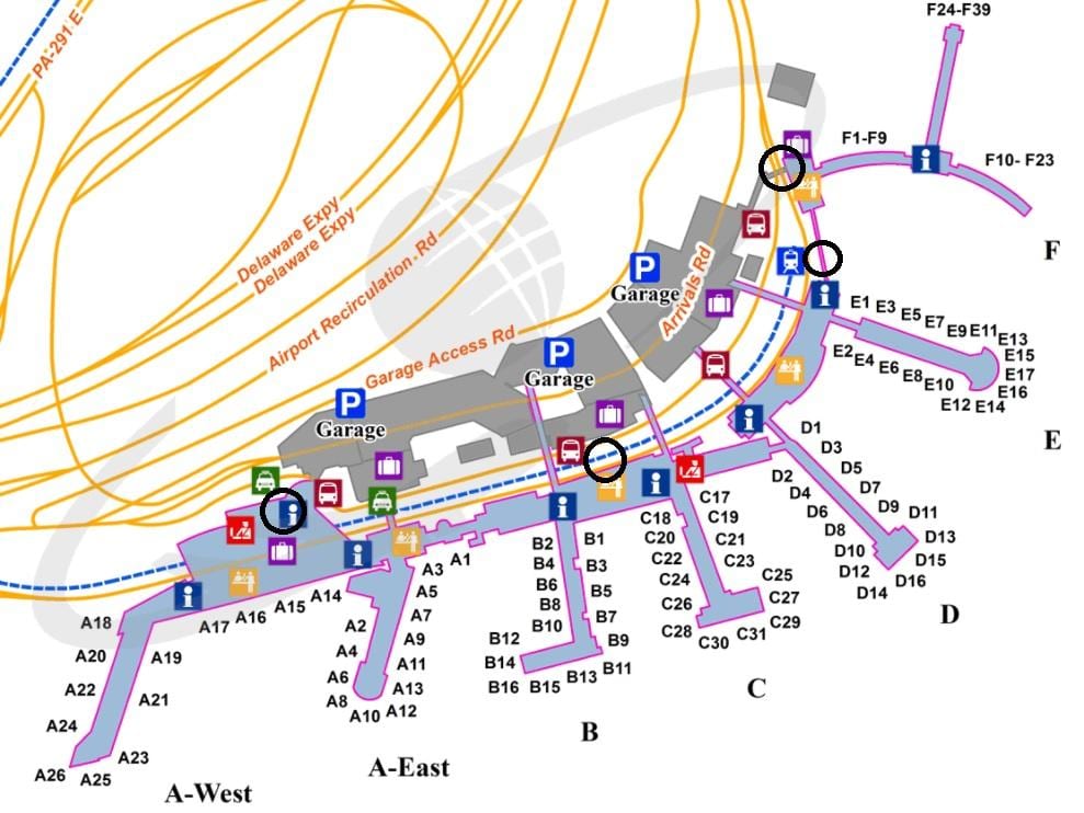 Plan des terminaux aéroport de Philadelphia